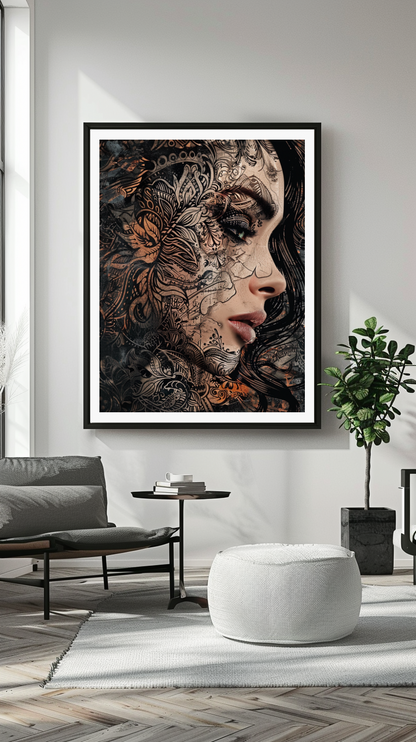 Wohnzimmer Wandbild - Abstrakt | Kunstwerk Portrait Frau mit Tattoos