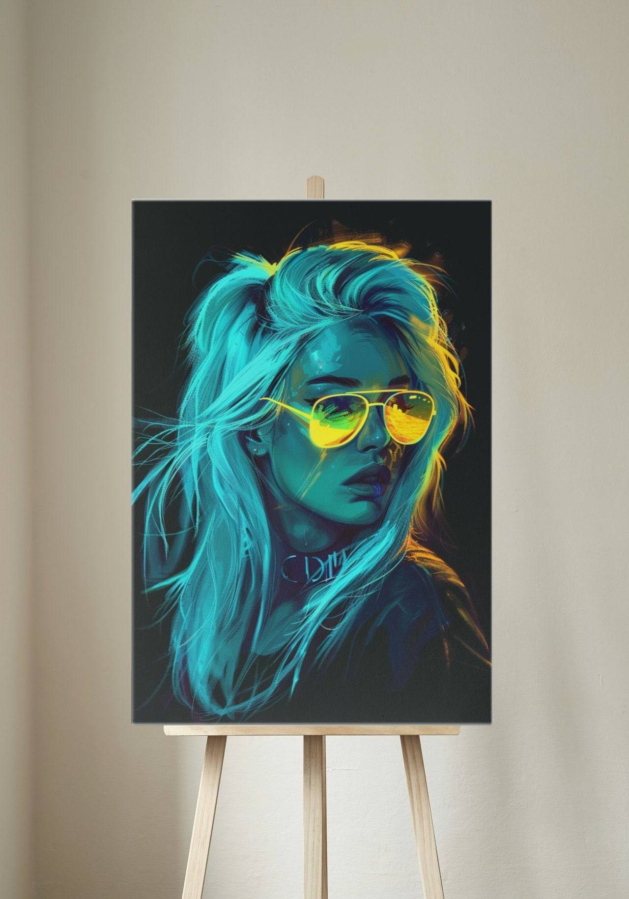 Premium Wandbild - Abstrakt | Kunstwerk Neon Portrait Frau mit Sonnenbrille