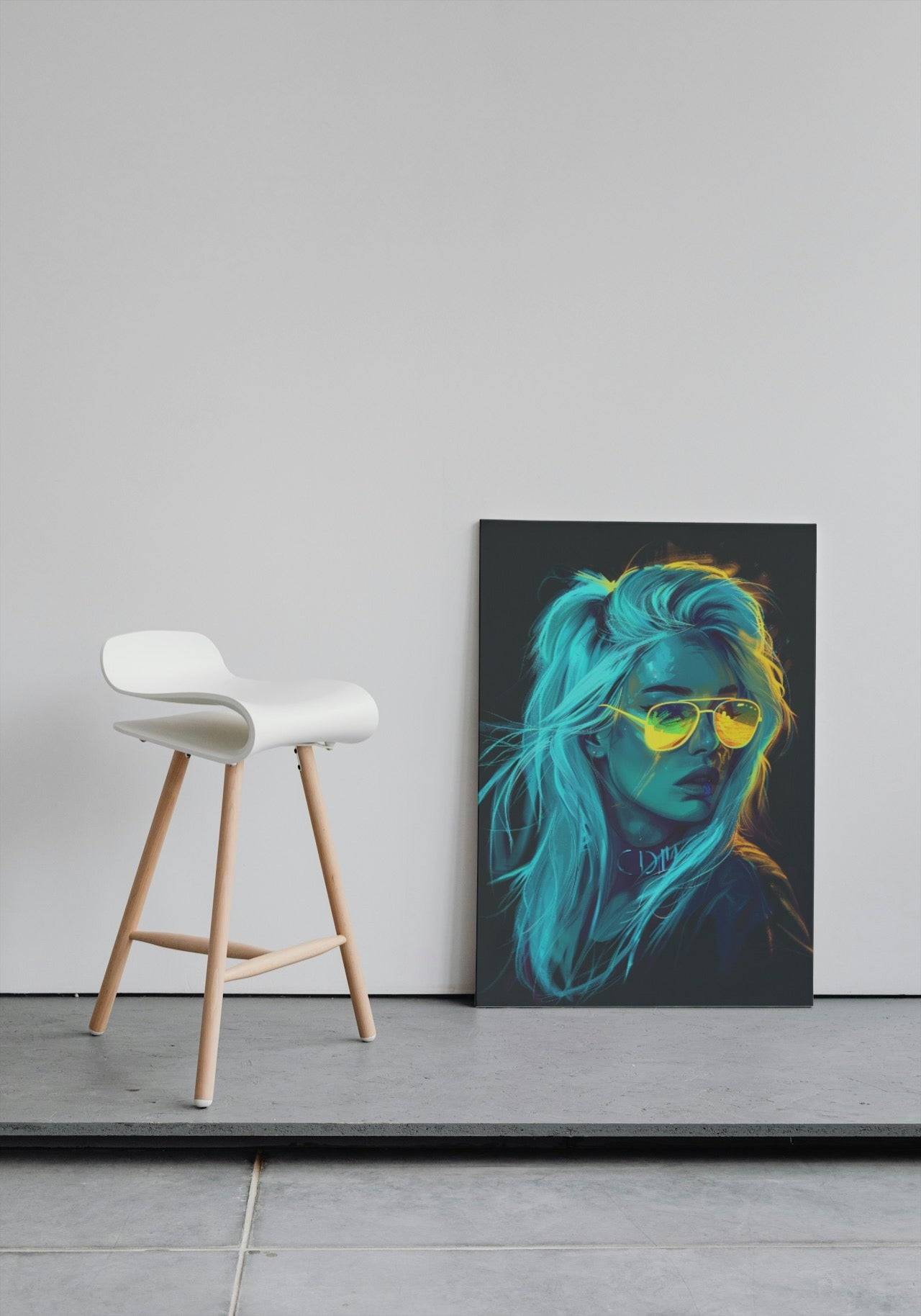 Premium Wandbild - Abstrakt | Kunstwerk Neon Portrait Frau mit Sonnenbrille