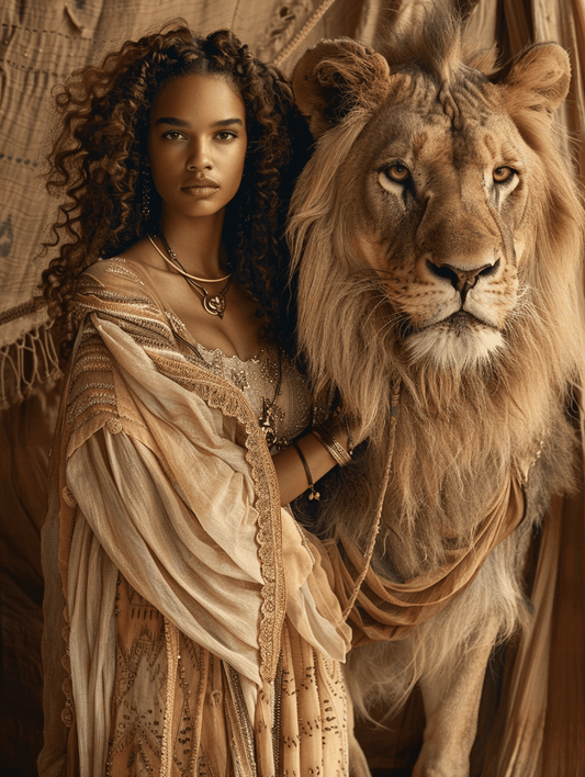 Premium Wandbild - Porträt | Frau mit Löwen