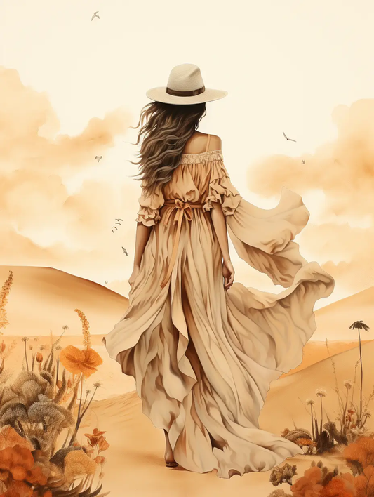 modernes Wandbild | scandinavian style artwork of woman in boho style dress in desert