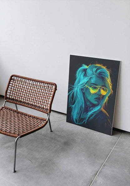 Premium Wandbild - Abstrakt | Kunstwerk Neon Portrait Frau mit Sonnenbrille