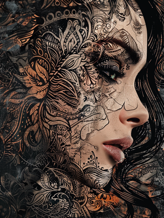 Premium Wandbild - Abstrakt | Kunstwerk Portrait Frau mit Tattoos