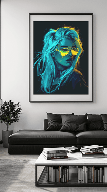 Wohnzimmer Wandbild - Abstrakt | Kunstwerk Neon Portrait Frau mit Sonnenbrille