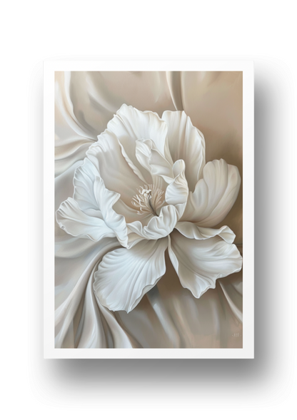 Poster - Weiße Blüte auf Beige-Satin