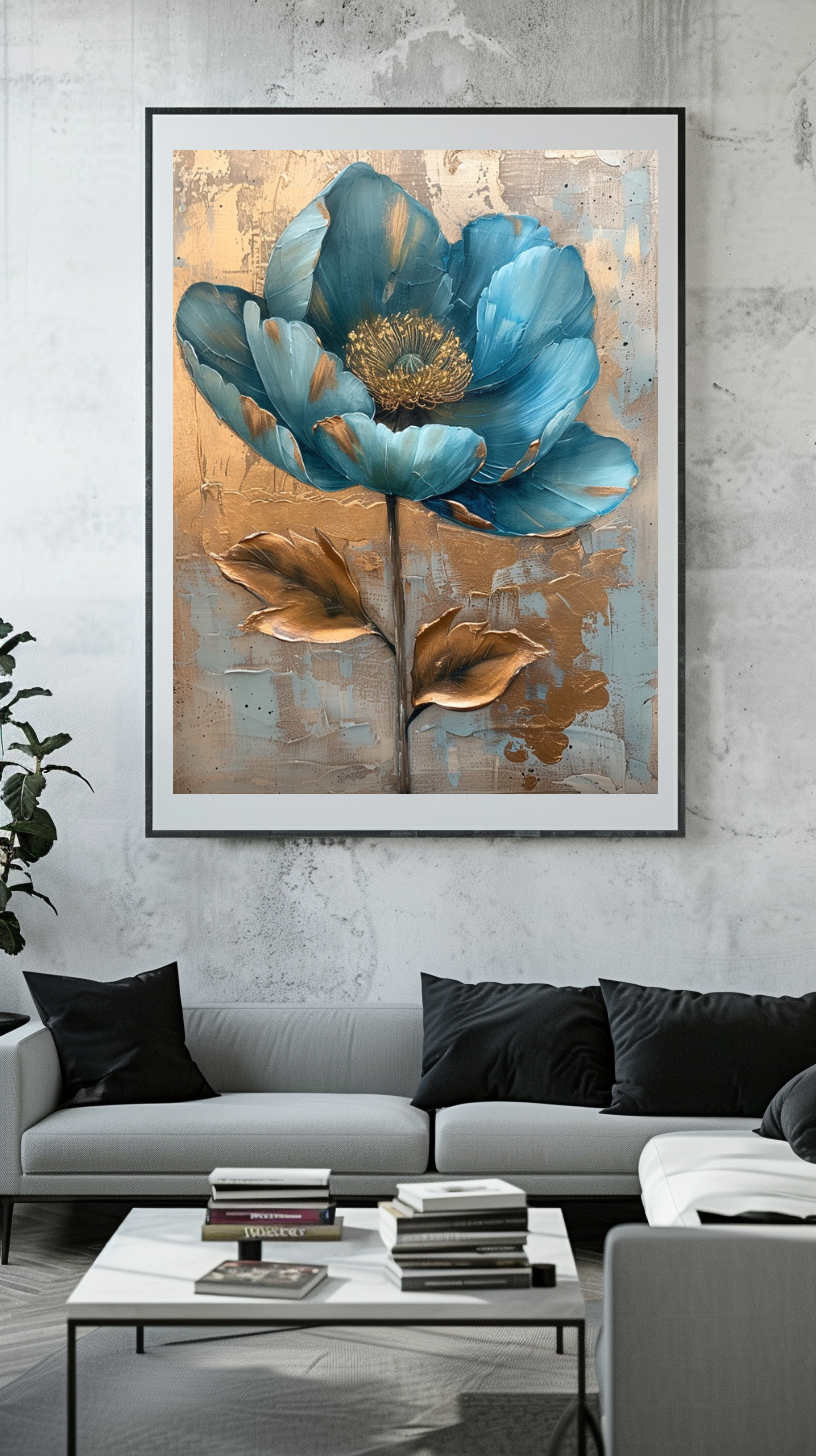 Wohnzimmer Wandbild - Abstrakt | Kunstwerk blaue Blüte auf goldenem Hintergrund