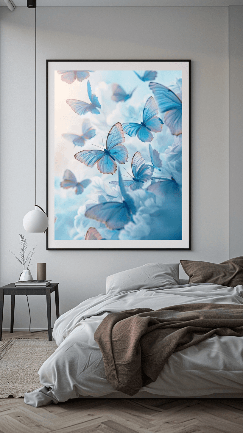 Schlafzimmer Wandbild - Natur | Kunstwerk hellblaue Schmetterlinge