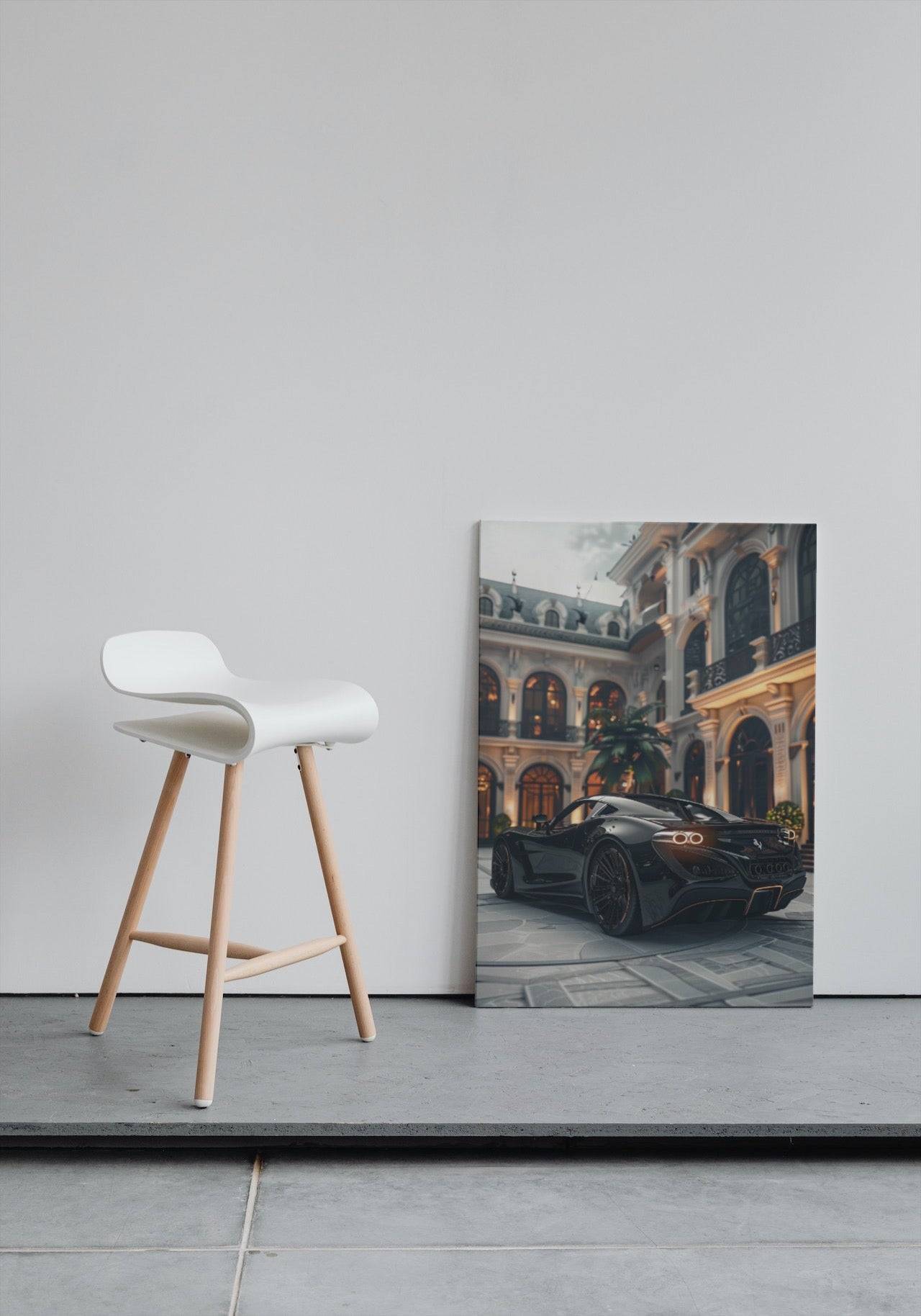 Premium Wandbild - Luxus | Kunstwerk schwarzer Sportwagen und Villa - Gilberto Morét