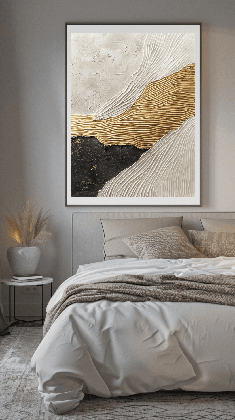 Schlafzimmer Wandbild - Abstrakt | Kunstwerk Struktur in beige, gold & schwarz