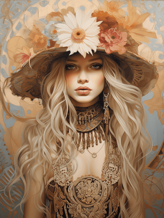 modernes Wandbild - Porträt | Kunstwerk blonde Schönheit mit Blumenhut