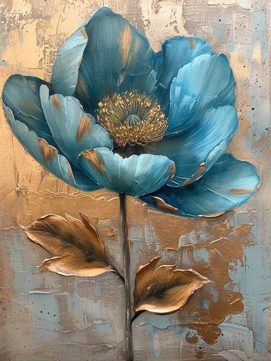 Premium Wandbild - Abstrakt | Kunstwerk blaue Blüte auf goldenem Hintergrund