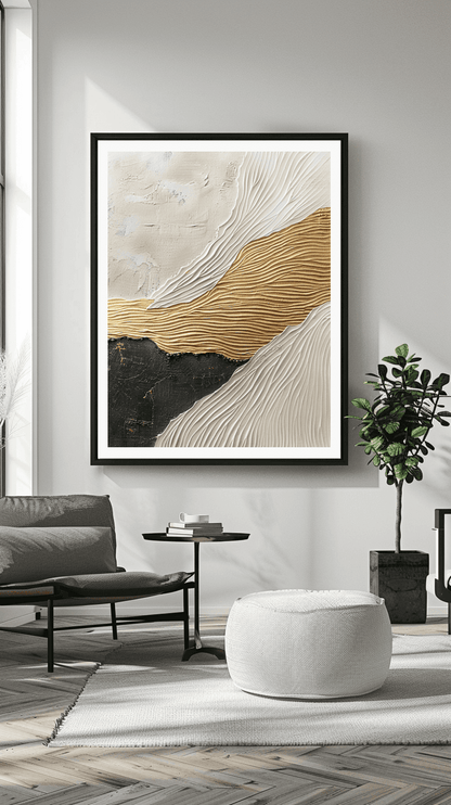 Wohnzimmer Wandbild - Abstrakt | Kunstwerk Struktur in beige, gold & schwarz