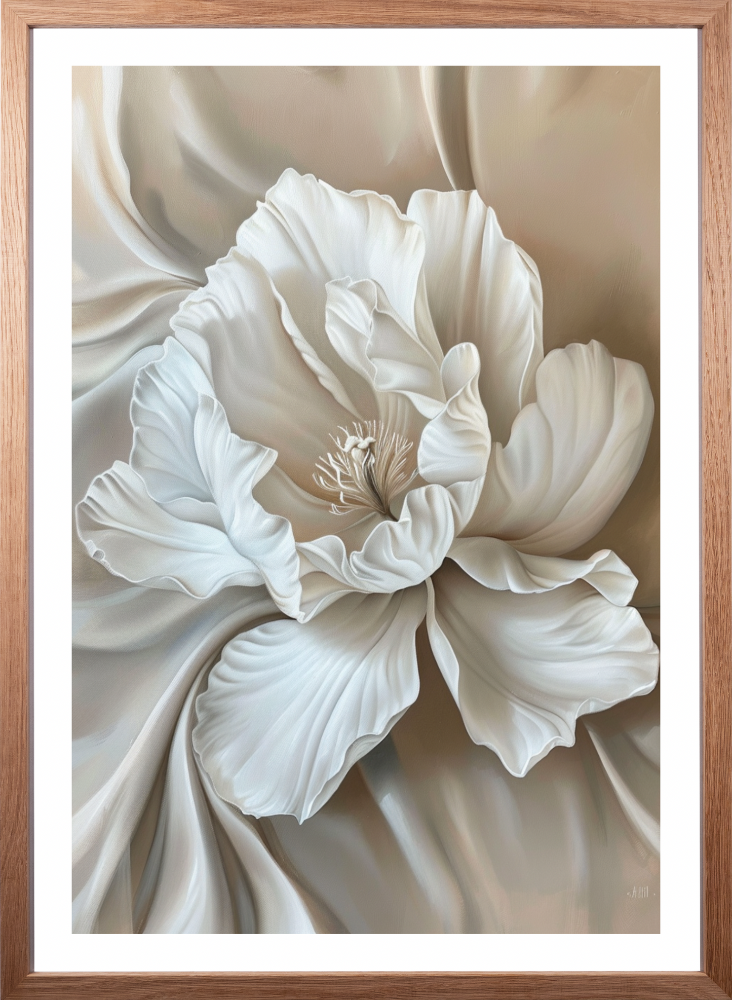 Poster - Weiße Blüte auf Beige-Satin