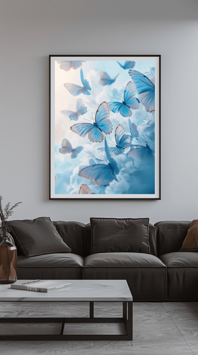 Wohnzimmer Wandbild - Natur | Kunstwerk hellblaue Schmetterlinge