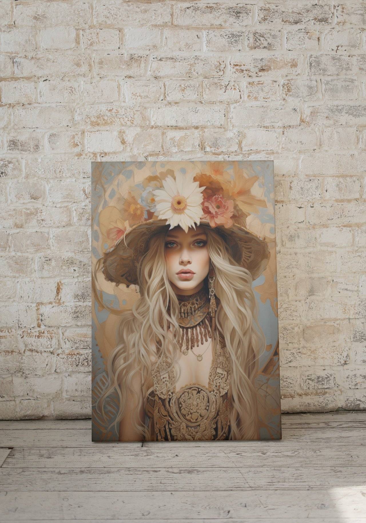 modernes Wandbild - Porträt | Kunstwerk blonde Schönheit mit Blumenhut