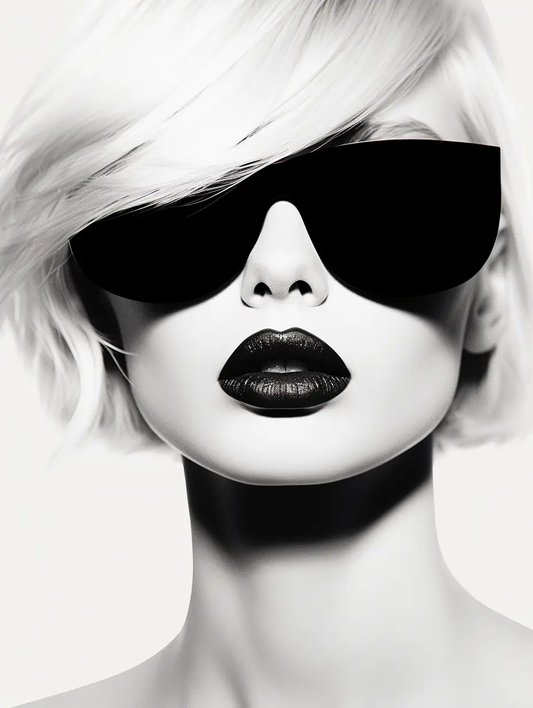 modernes Wandbild in schwarz-weiß | black and white portrait of a woman with sunglasses