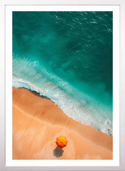 Poster - Orangener Strandschirm am Strand - Drone View  - Strandposter 009