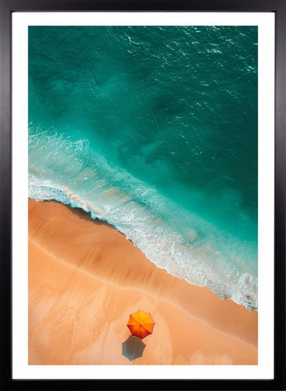 Poster - Orangener Strandschirm am Strand - Drone View  - Strandposter 009