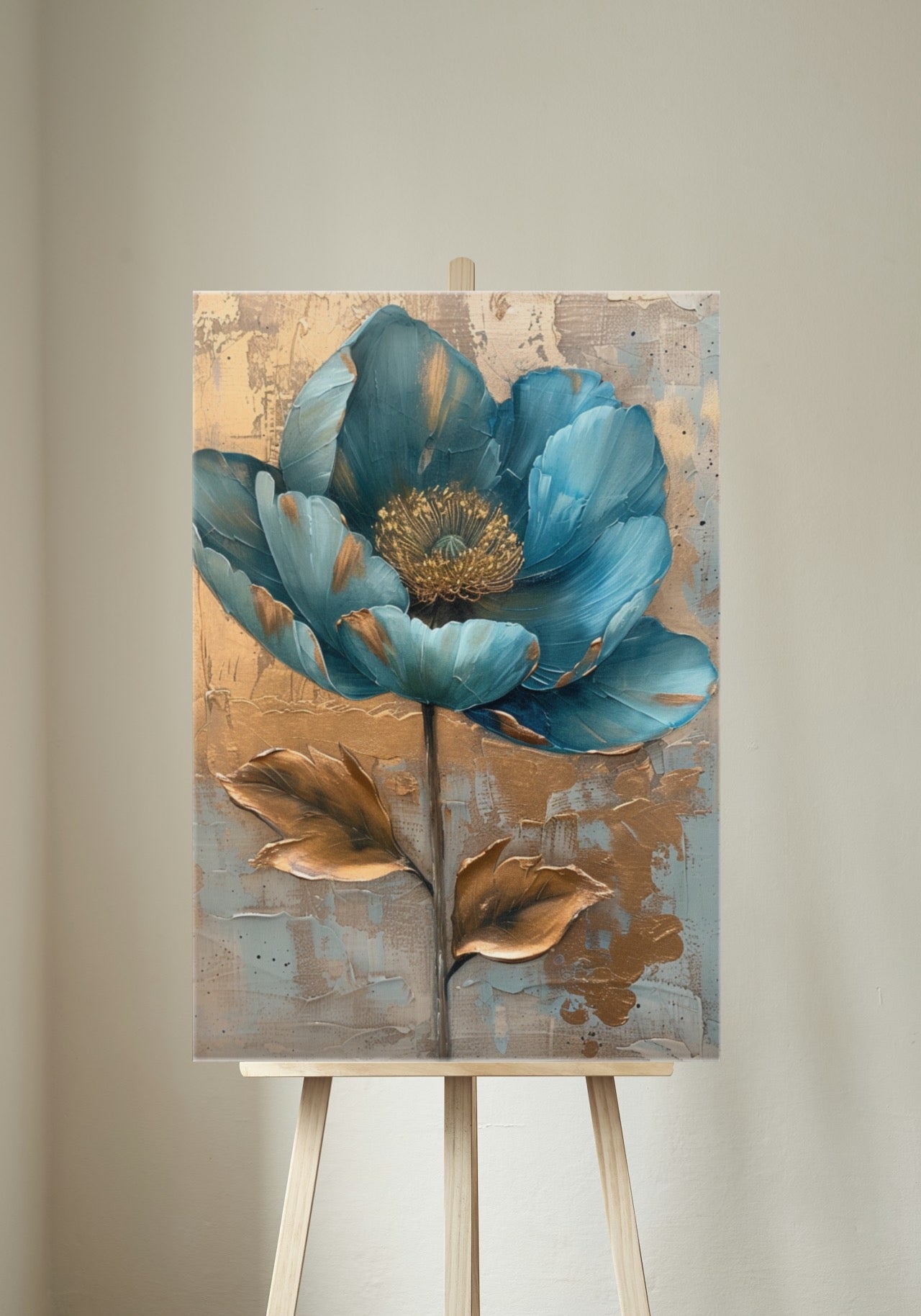 Premium Wandbild - Abstrakt | Kunstwerk blaue Blüte auf goldenem Hintergrund