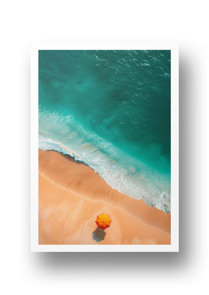 Poster - Orangener Strandschirm am Strand - Drone View  - Strandposter 009