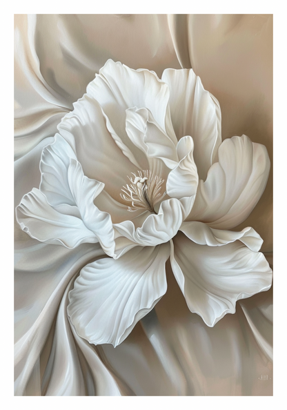 Poster - Weiße Blüte auf Beige-Satin