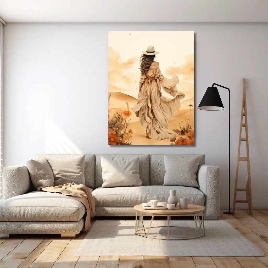 modernes Wandbild | scandinavian style artwork of woman in boho style dress in desert