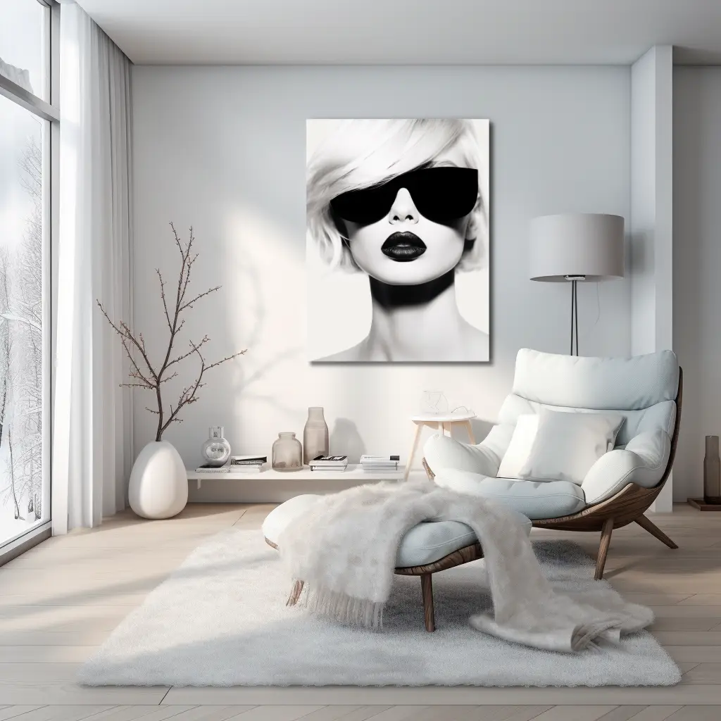 modernes Wandbild in schwarz-weiß | black and white portrait of a woman with sunglasses