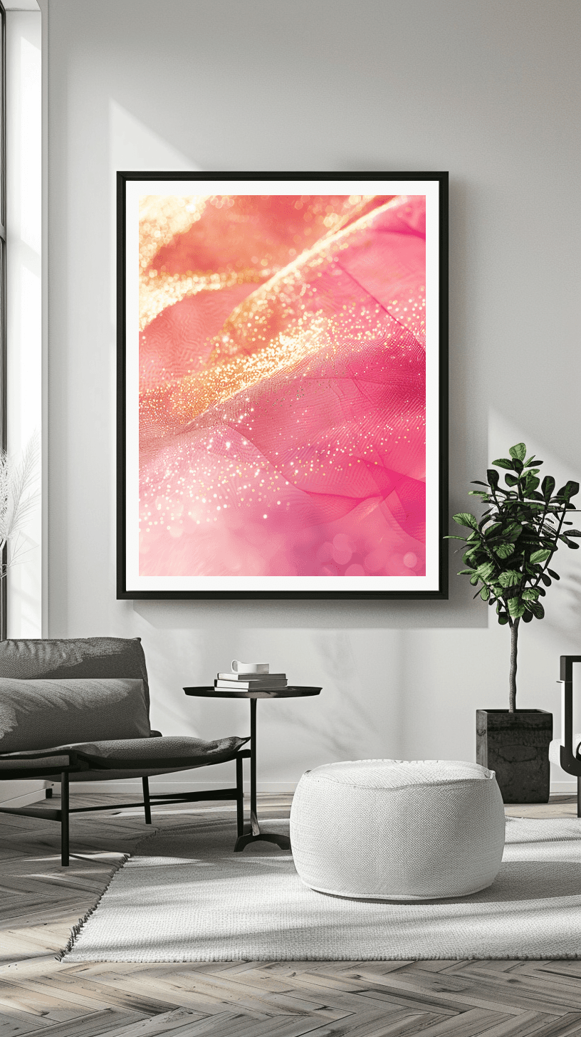 Wohnzimmer Wandbild - Abstrakt | Kunstwerk in rosa und gold