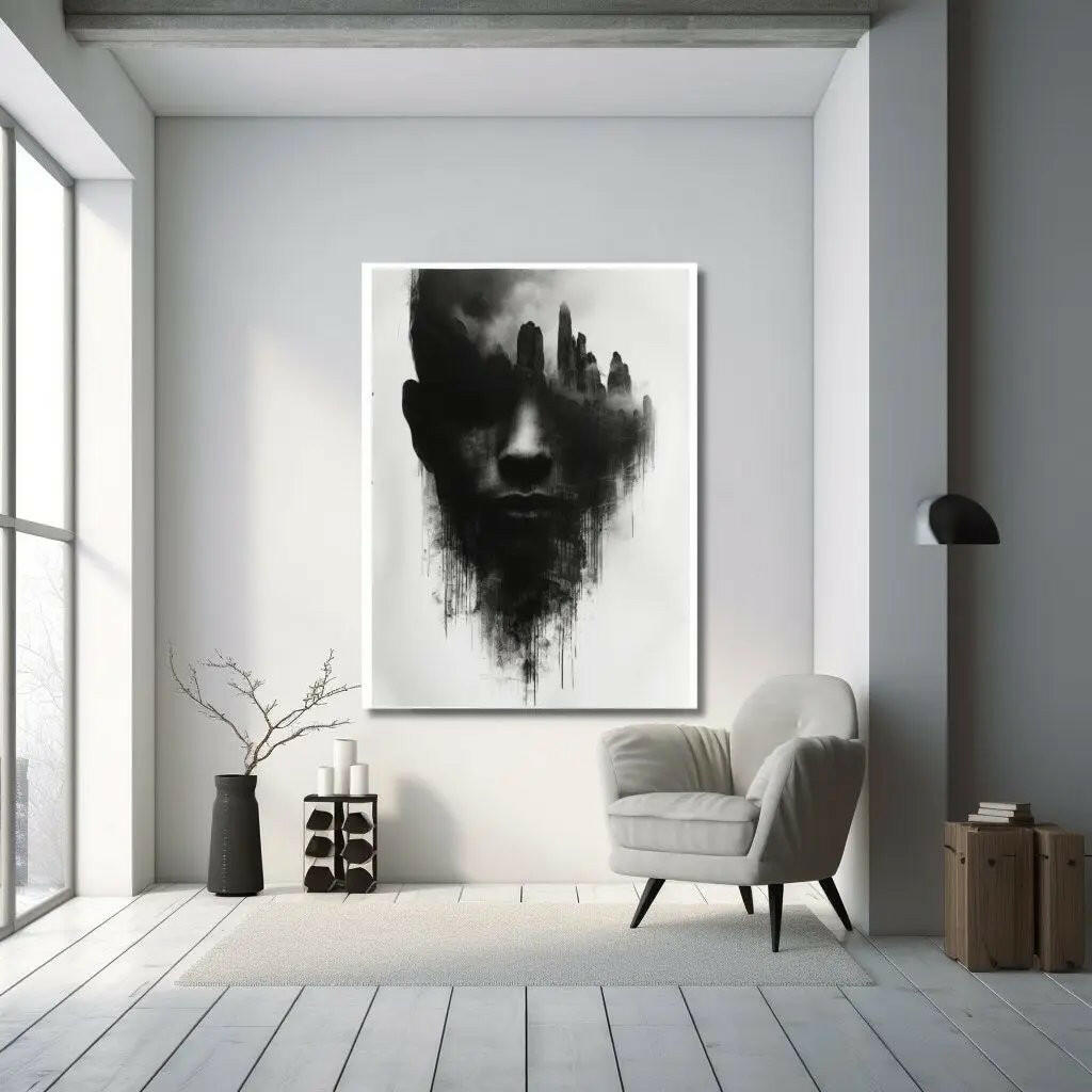 modernes Wandbild | abstract black and white artwork of dark face and stone row